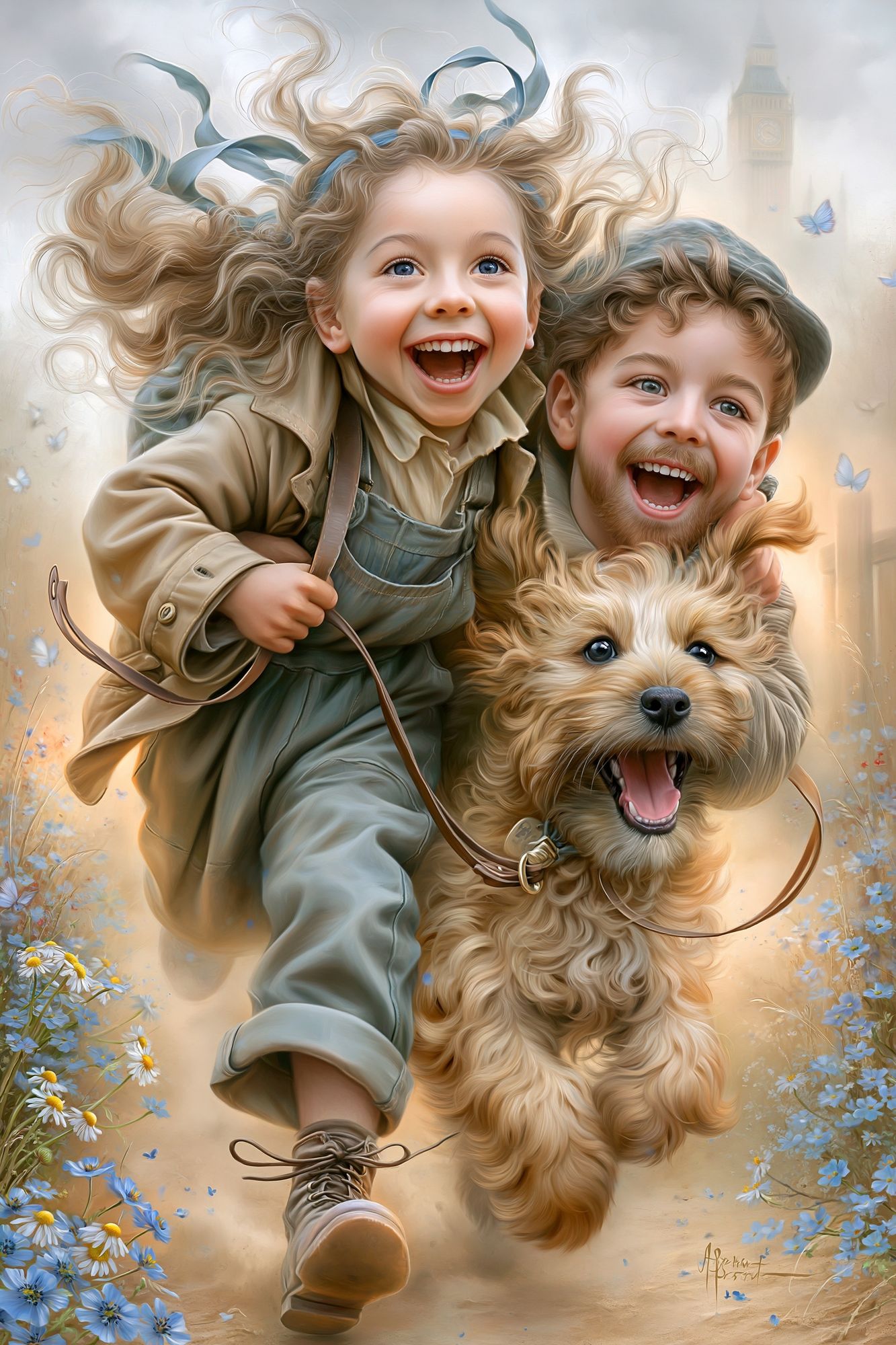Joyful Children and Dog Illustration Poster. poster detail