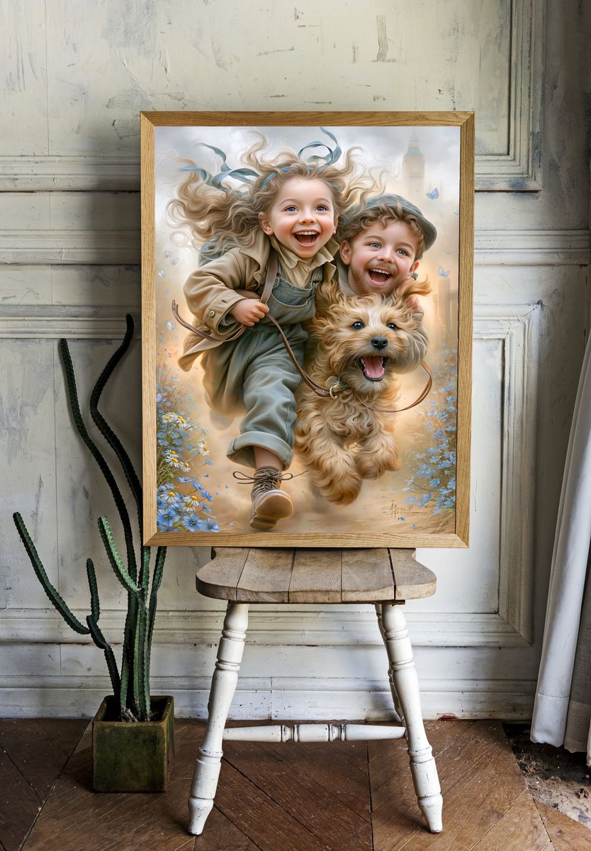 Joyful Children and Dog Illustration Poster. room preview
