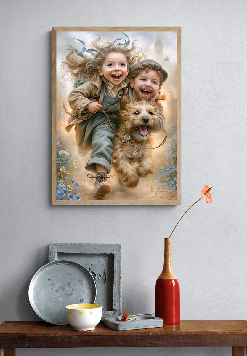 Joyful Children and Dog Illustration Poster. — room view 3