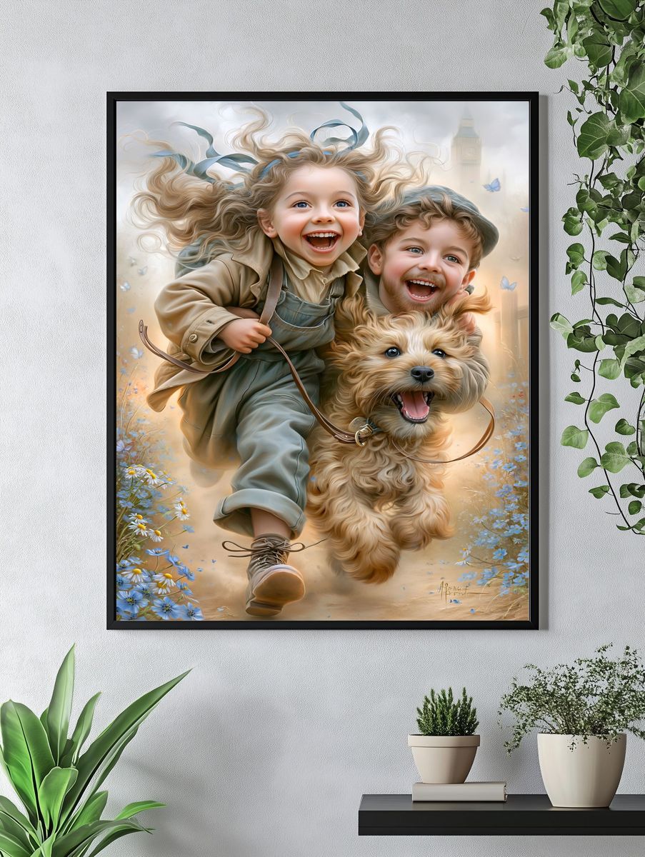 Joyful Children and Dog Illustration Poster. — room view 4