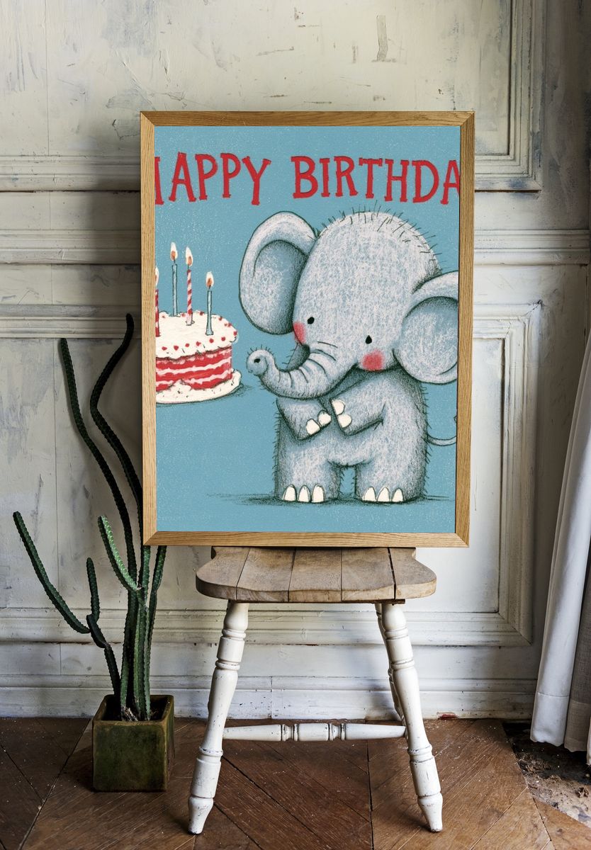 Happy Birthday Elephant Illustration Poster. room preview