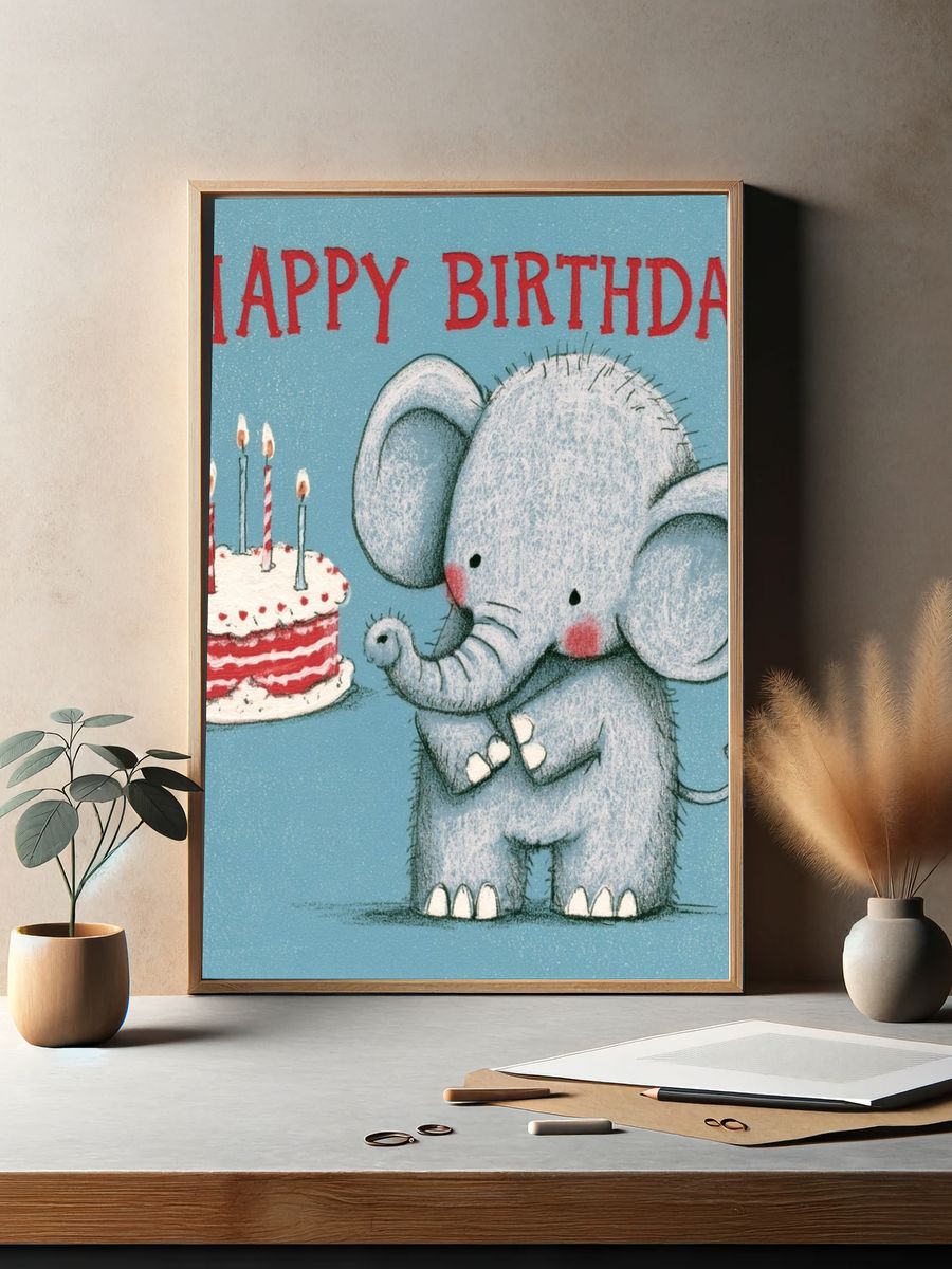 Happy Birthday Elephant Illustration Poster. — room view 2