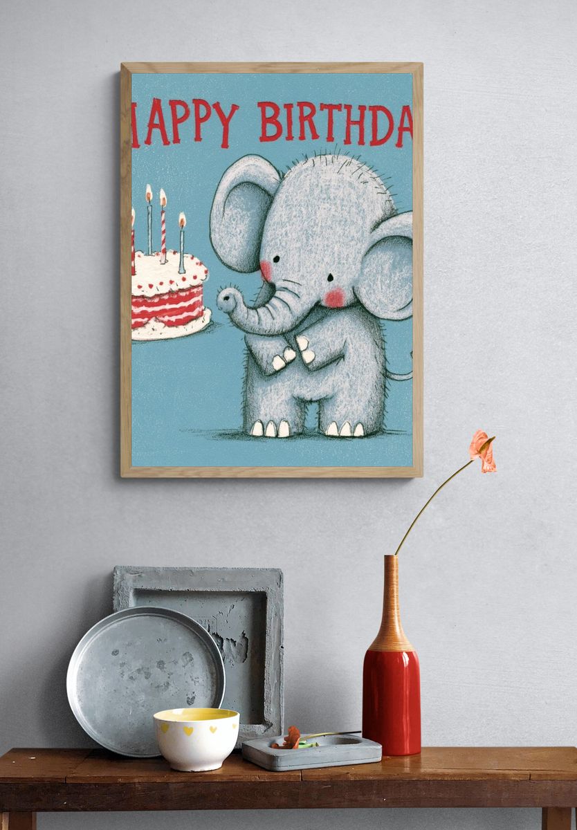 Happy Birthday Elephant Illustration Poster. — room view 3
