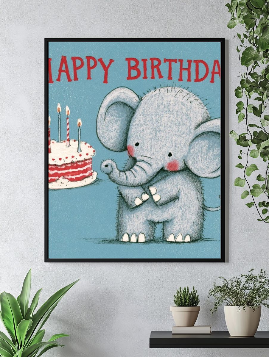 Happy Birthday Elephant Illustration Poster. — room view 4