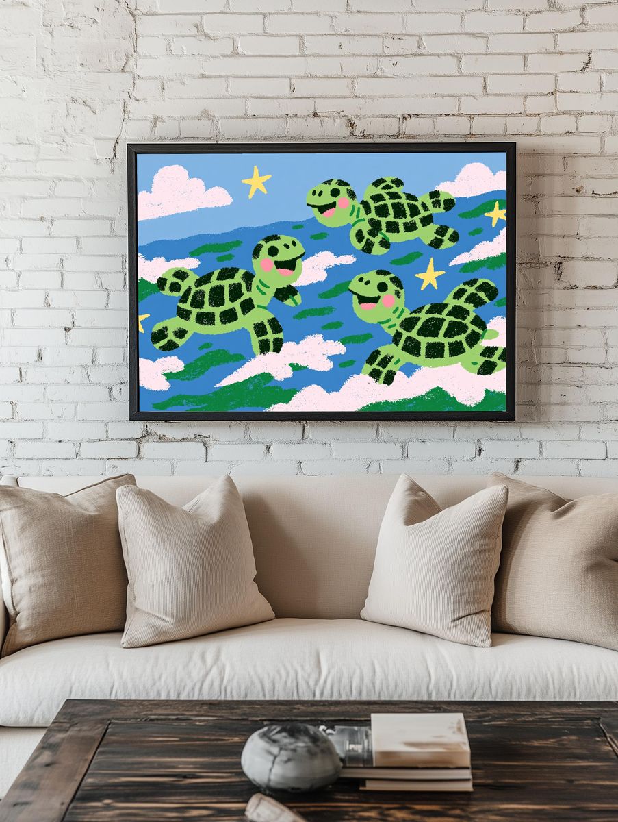 Playful Turtles in the Sky Print. — room view 1