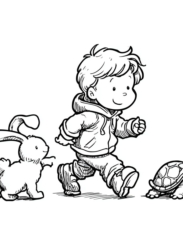 Boy with Bunny and Turtle — Illustration Print.