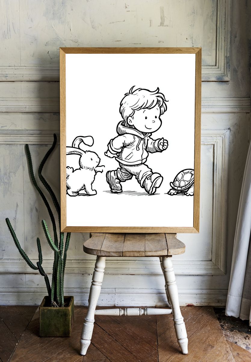 Boy with Bunny and Turtle — Illustration Print. — room view 1