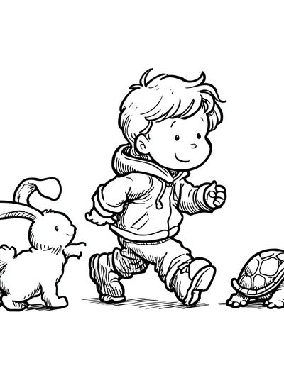 Boy with Bunny and Turtle — Illustration Print. poster print
