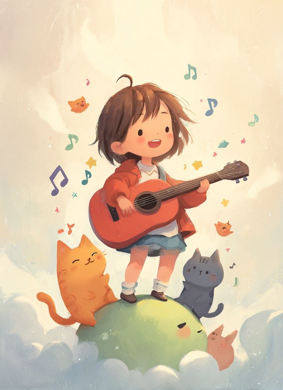 Guitar Girl and Cats Illustration Poster. poster — kids art
