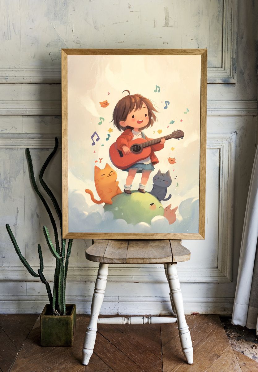 Guitar Girl and Cats Illustration Poster. room preview