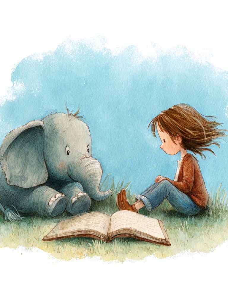 Little Girl and Elephant — Watercolor Print.