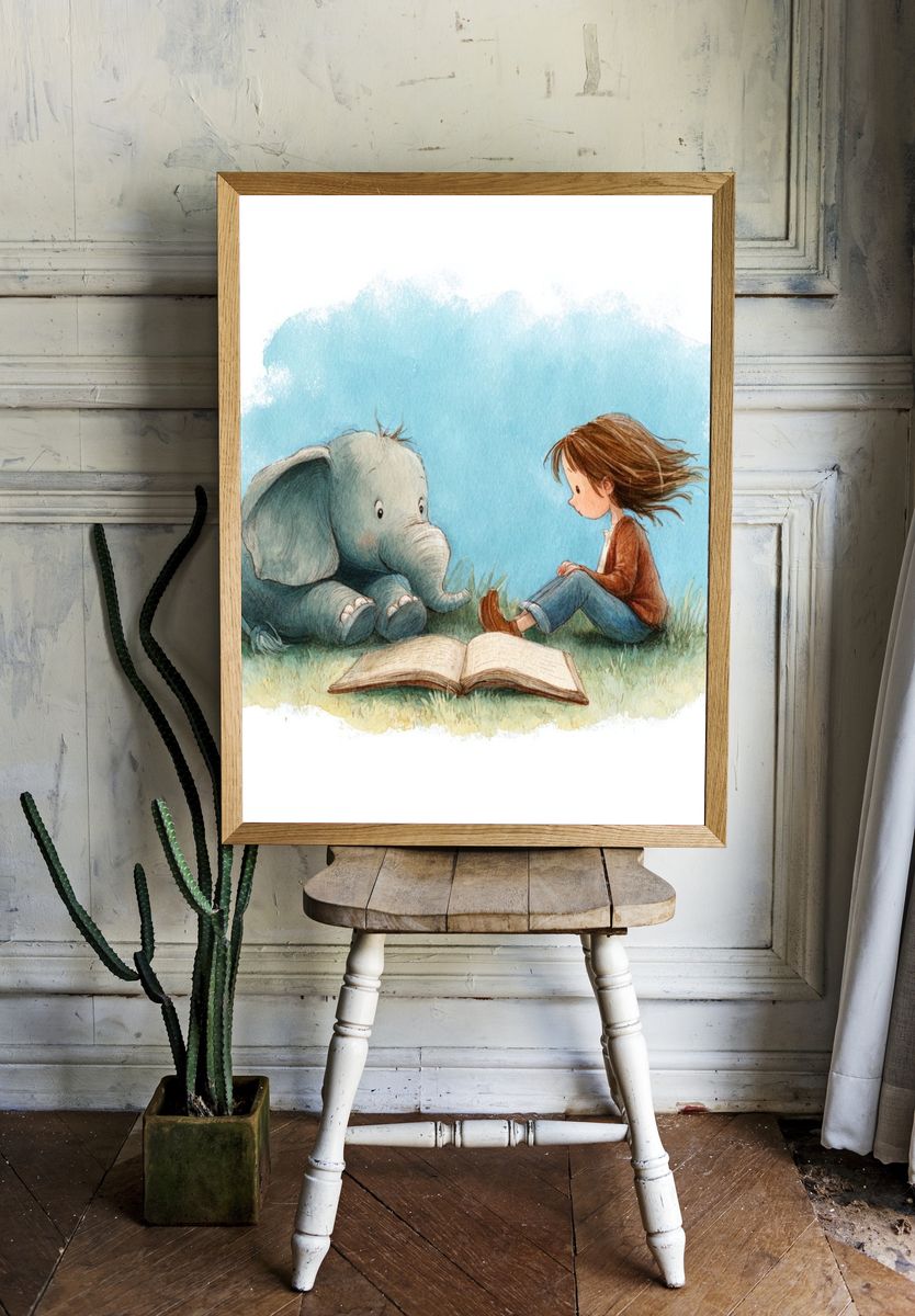 Little Girl and Elephant — Watercolor Print room preview