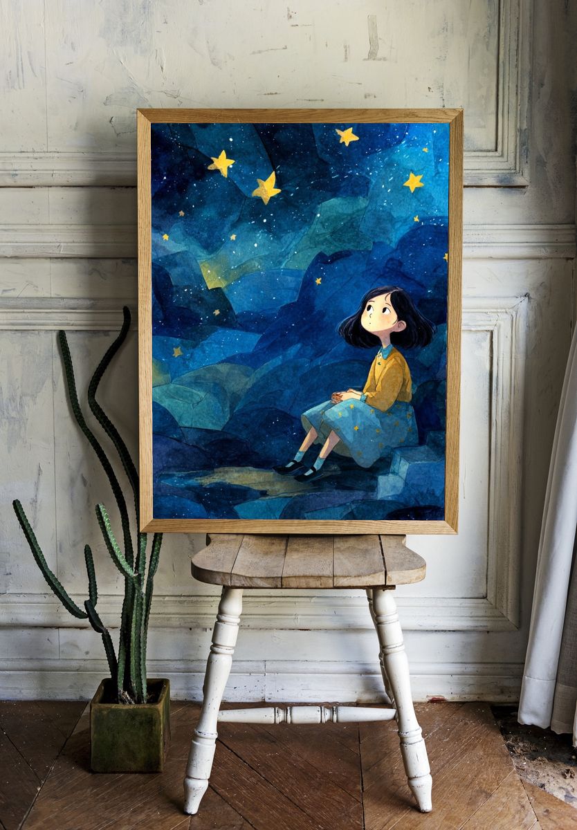 Girl Stargazing — Watercolor Print room preview