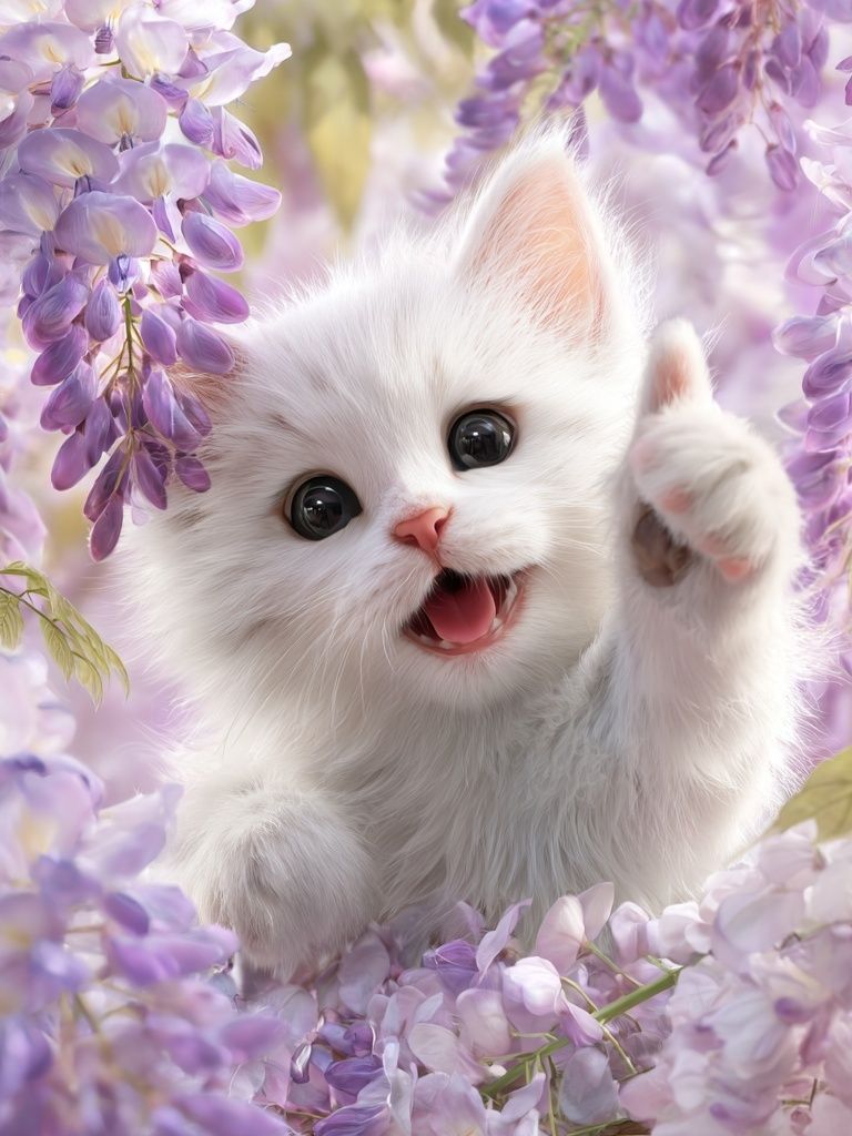 Playful White Kitten Among Wisteria Flowers Poster. poster — animals art