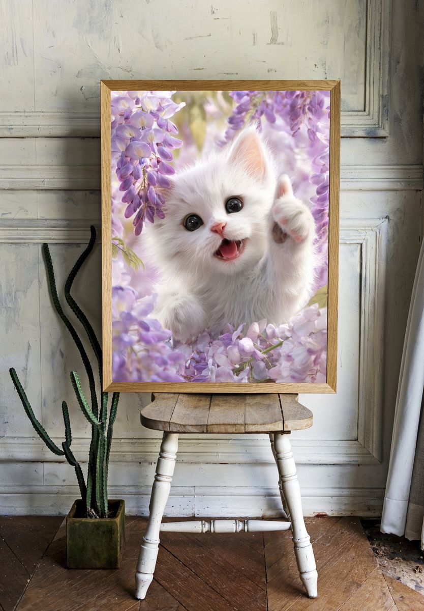 Playful White Kitten Among Wisteria Flowers Poster room preview