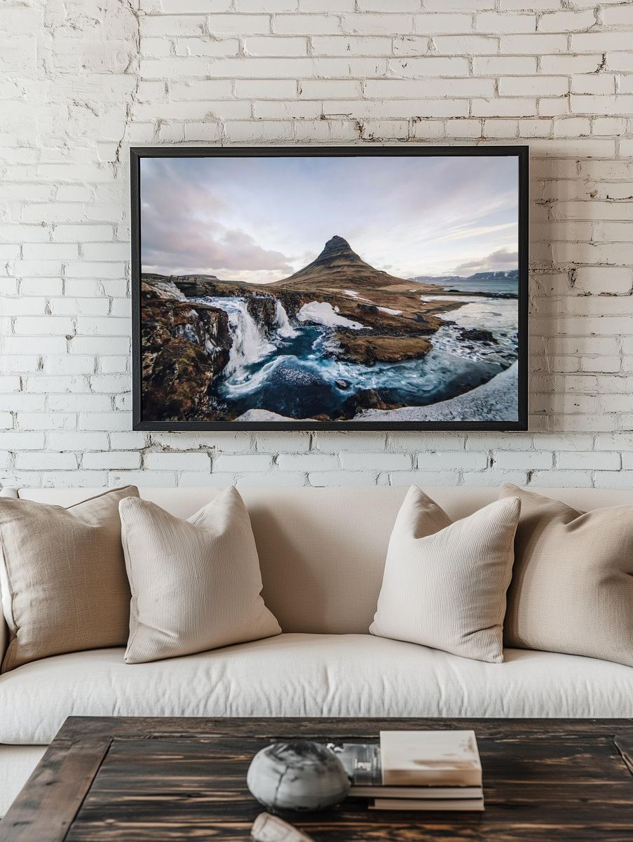 Kirkjufell Mountain and Waterfall Poster. — room view 1