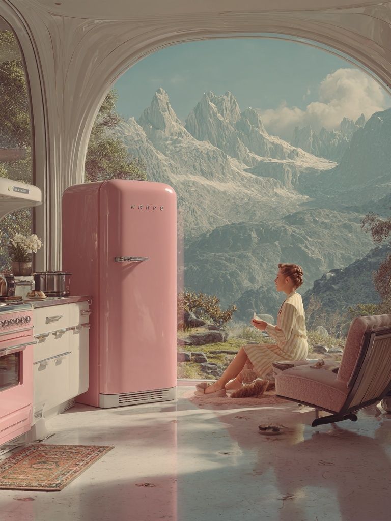 Modern Kitchen with Mountain View — Digital Art Print. poster detail