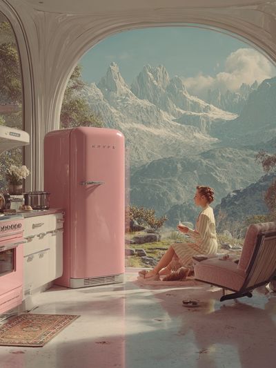 Modern Kitchen with Mountain View — Digital Art Print. poster
