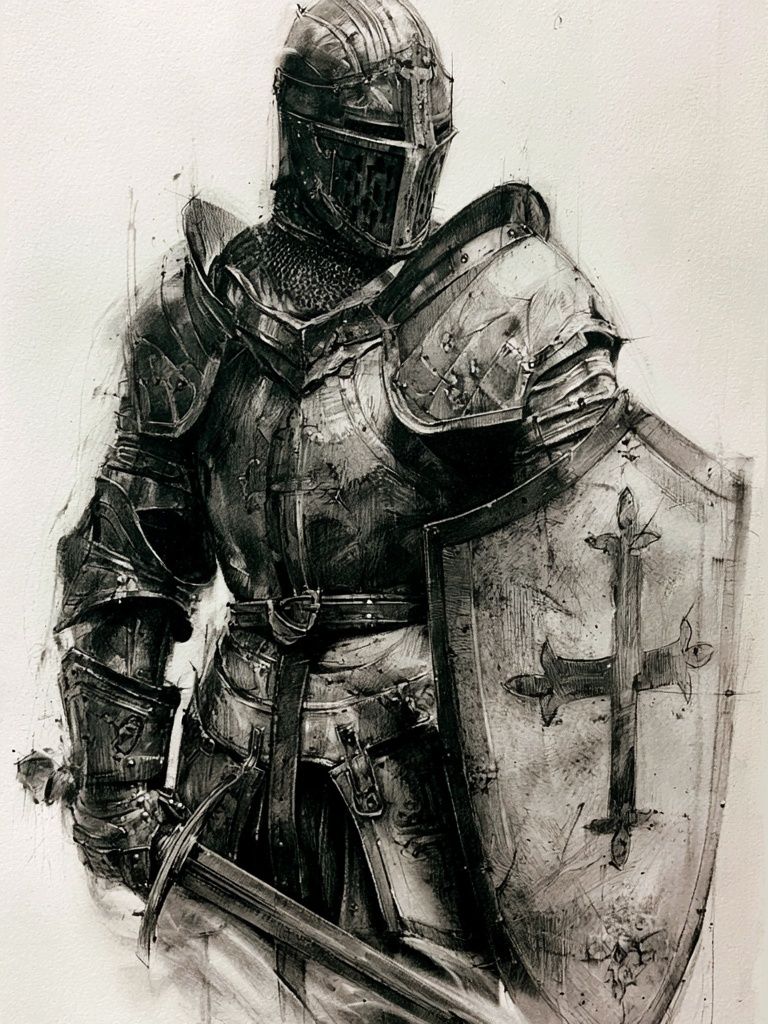 Armored Knight Black-White Print. poster — fine-art art