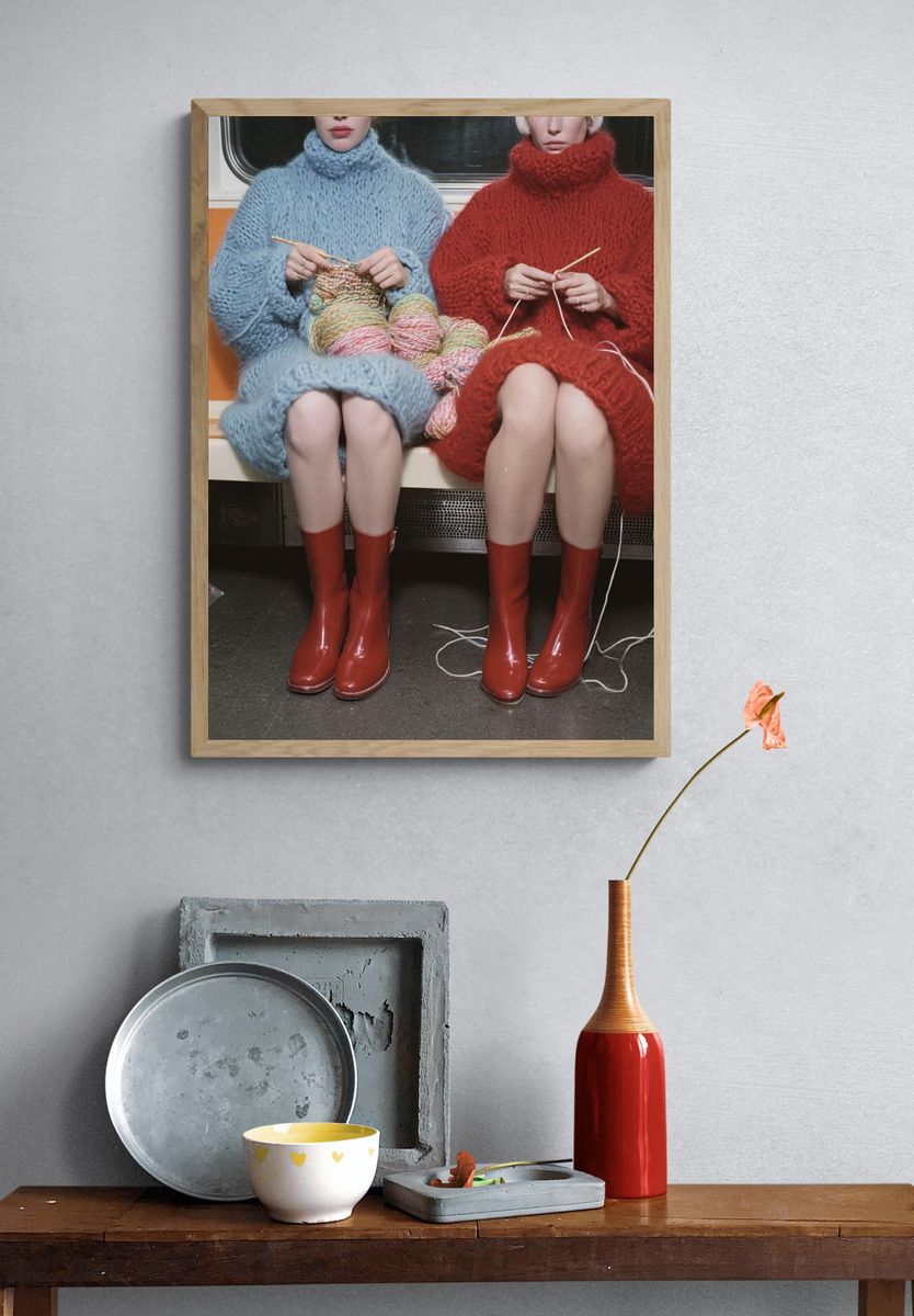 Knitting in the Subway — Vintage Print. — room view 3