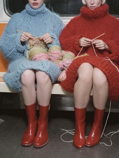Knitting in the Subway — Vintage Print. poster print