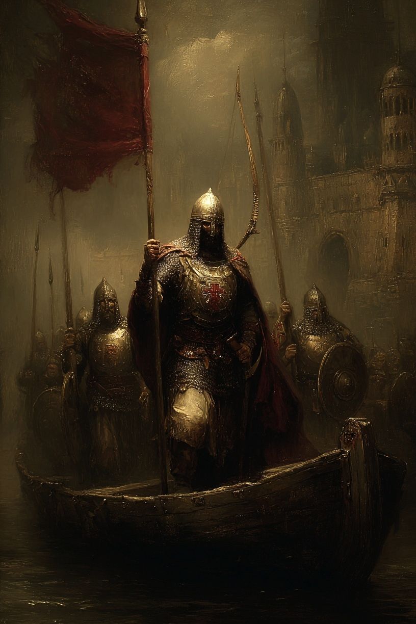 Medieval Knights on a Boat — Fine Art Print. poster — fine-art art