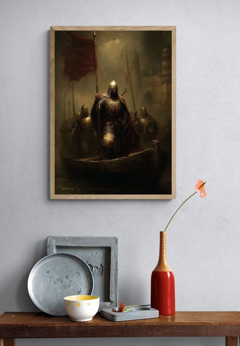 Medieval Knights on a Boat — Fine Art Print. — room view 3