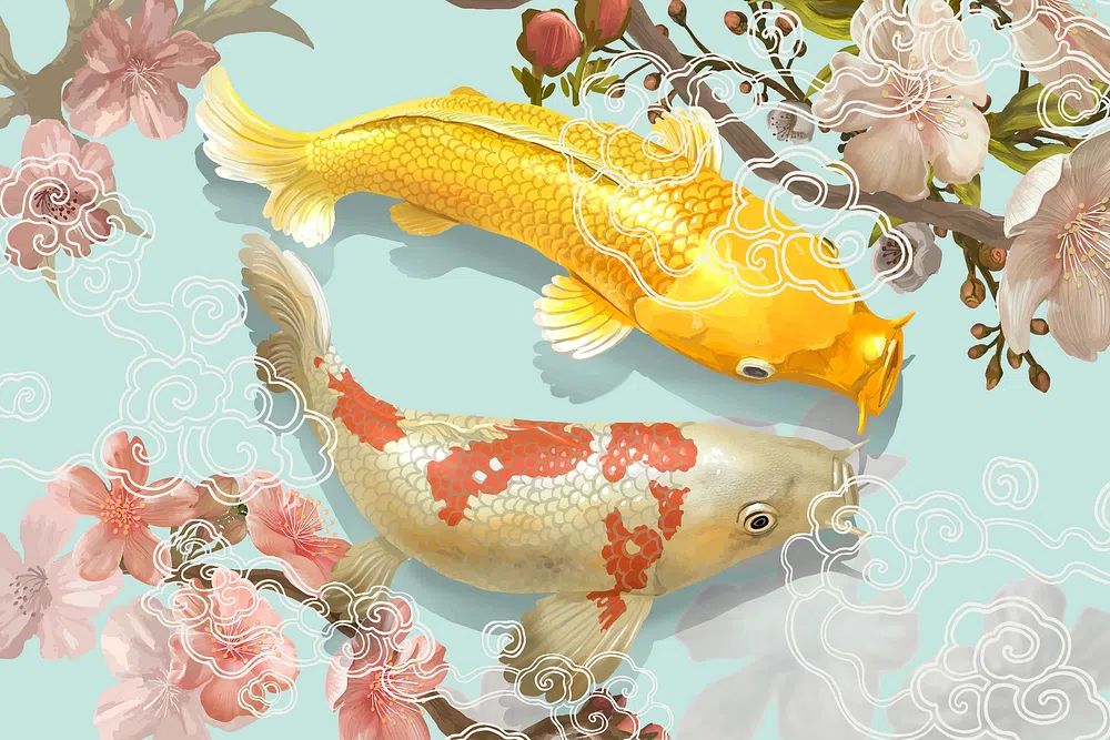 Two Japanese Koi fish swimming. poster — illustration art