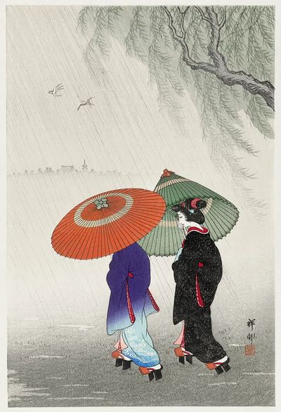Two women rain. poster print