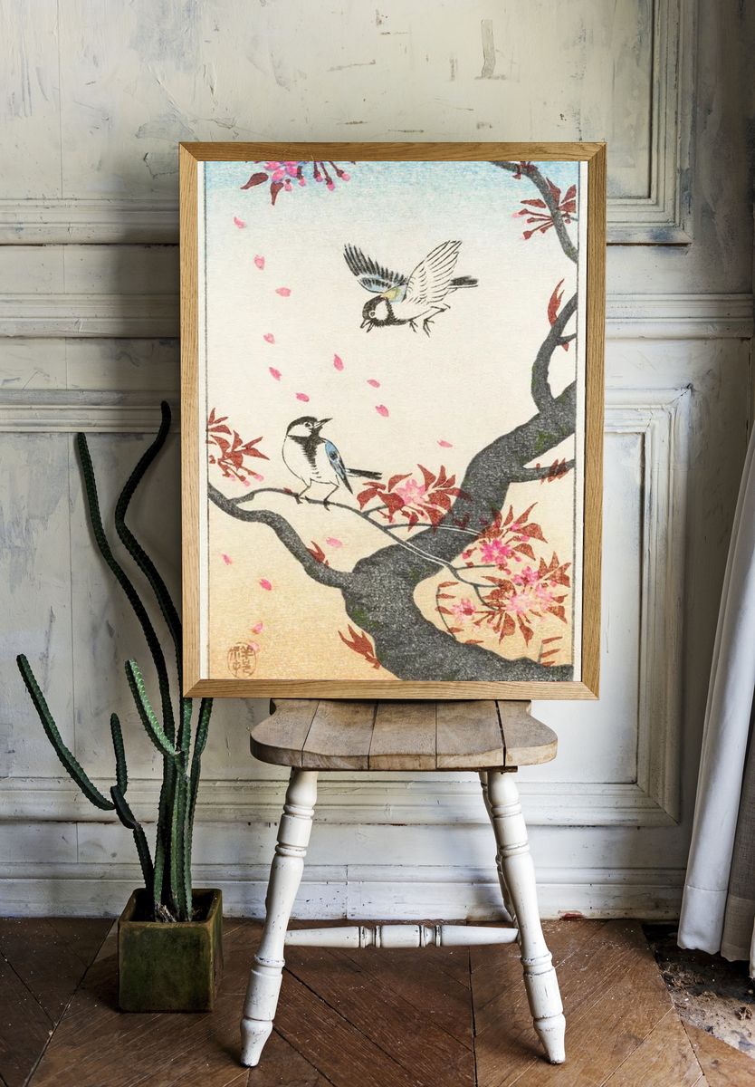 Two great tits blossoming tree. room preview