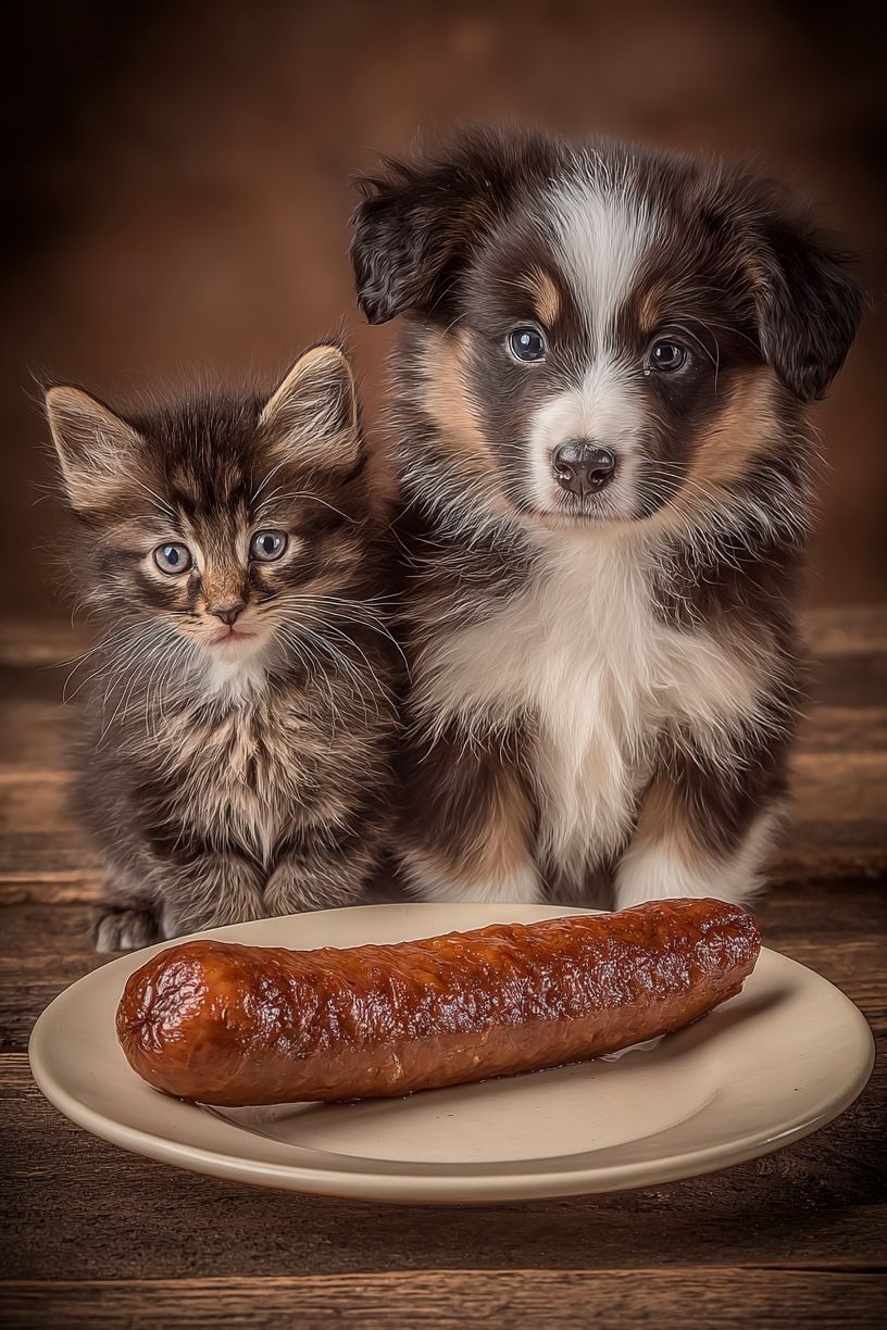 Cute Kitten and Puppy with Sausage Poster. poster detail