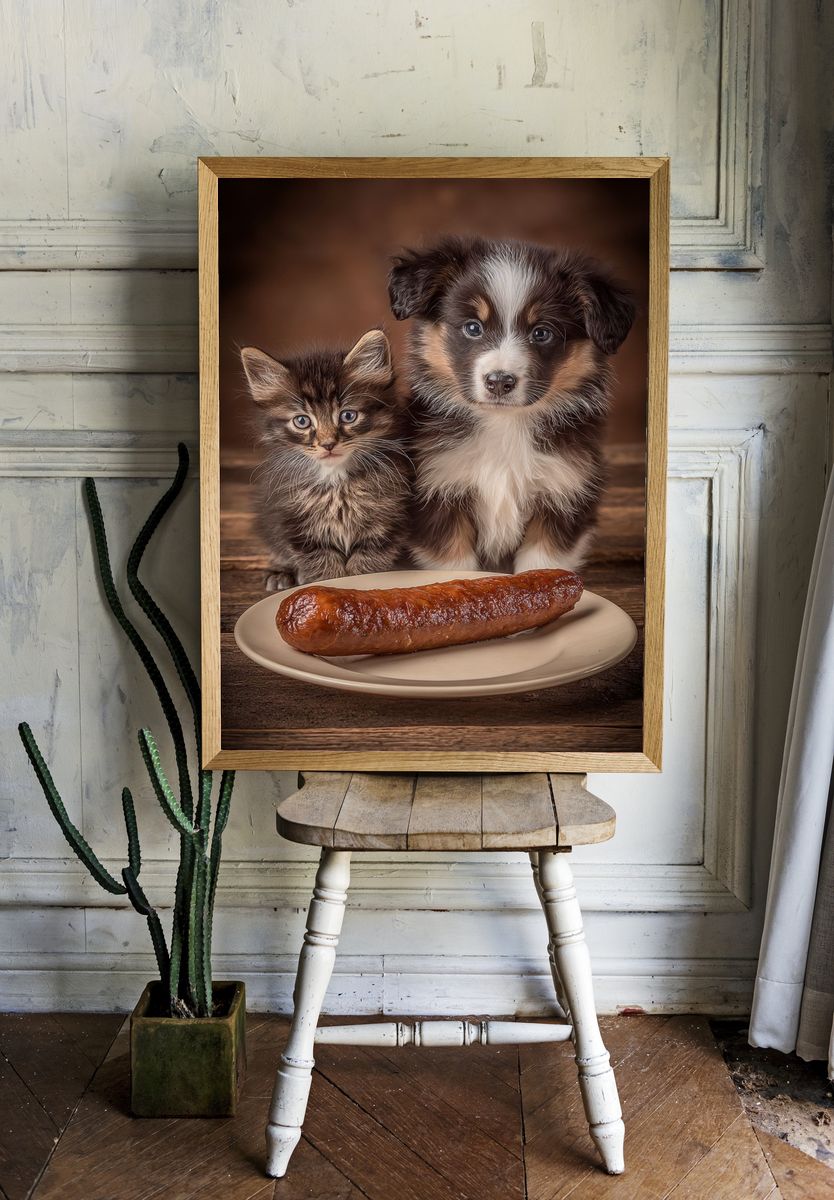 Cute Kitten and Puppy with Sausage Poster room preview