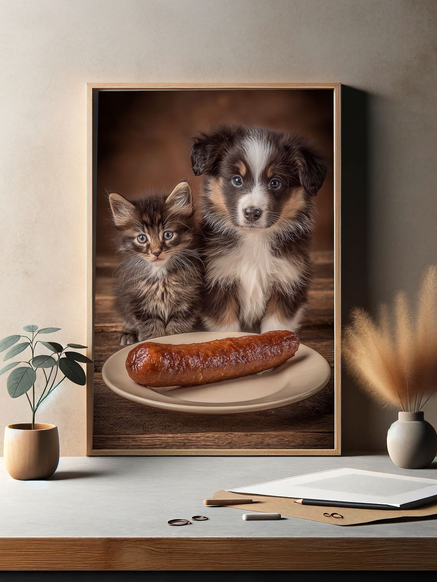 Cute Kitten and Puppy with Sausage Poster. — room view 2
