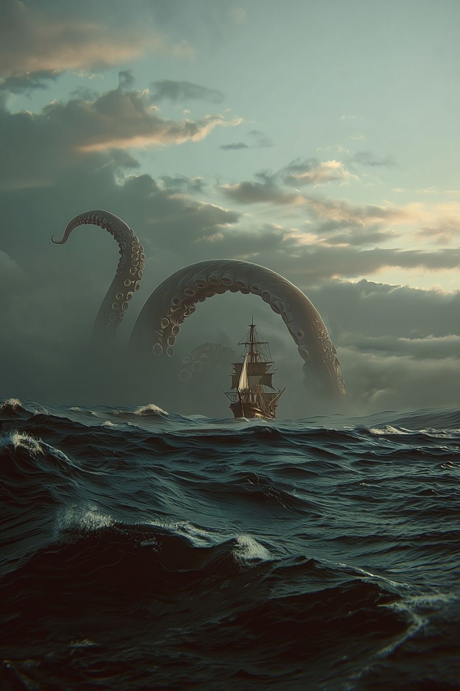 Kraken Encounter — Fantasy Art Print. poster — illustration art