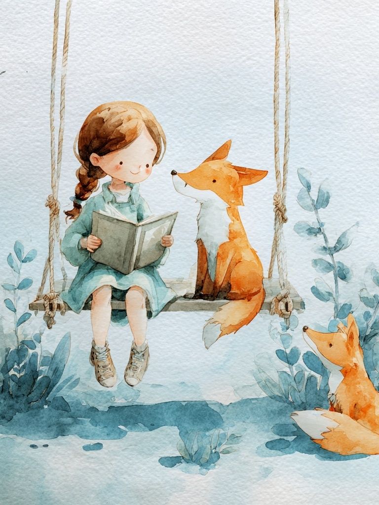 Girl Reading with Foxes — Watercolor Print. poster detail