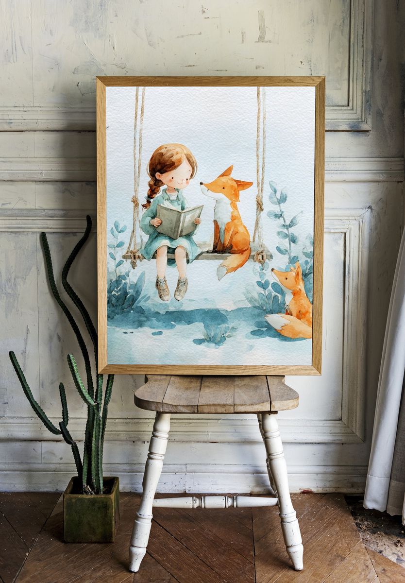 Girl Reading with Foxes — Watercolor Print. — room view 1