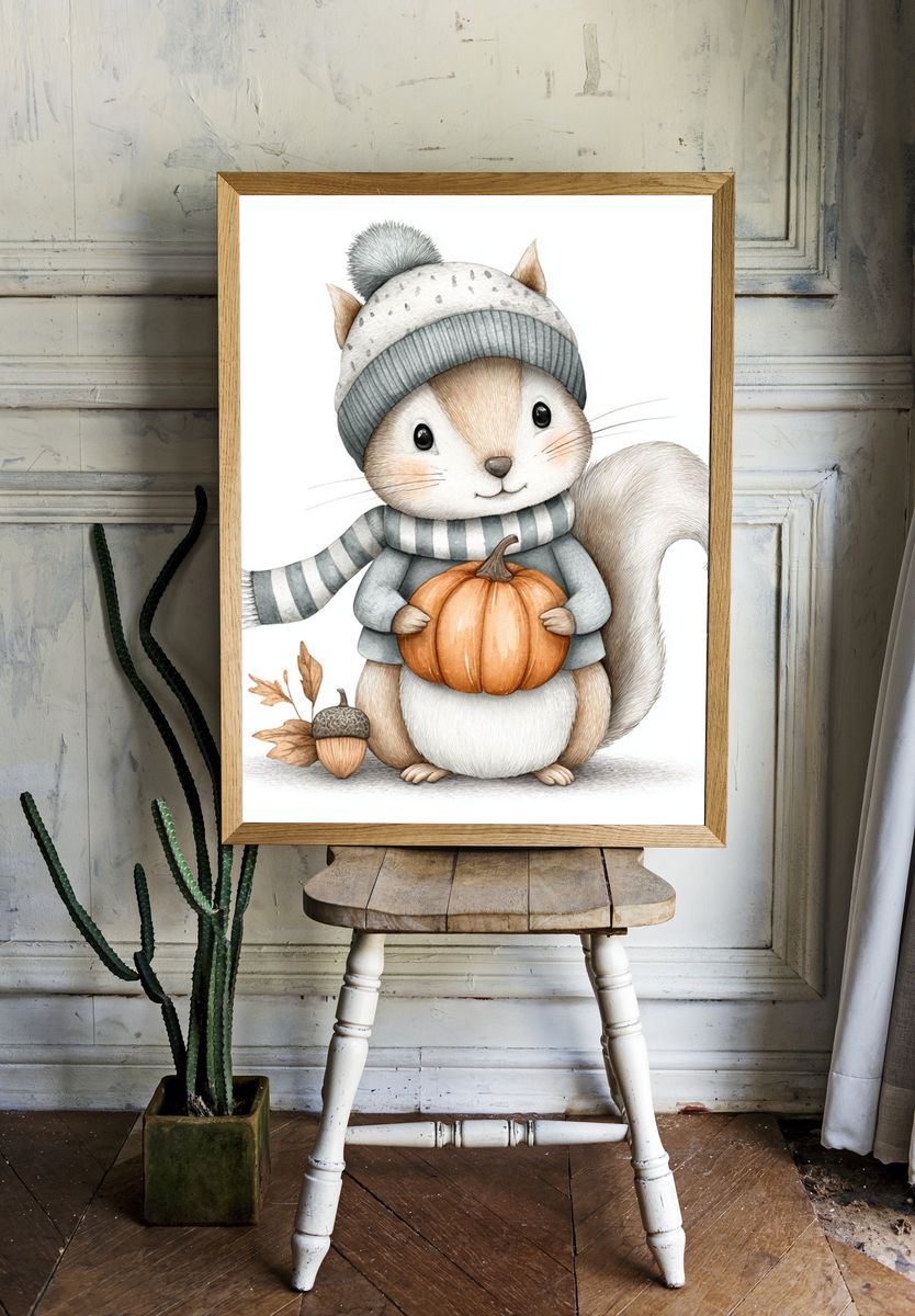 Cute Squirrel with Pumpkin — Illustration Print room preview