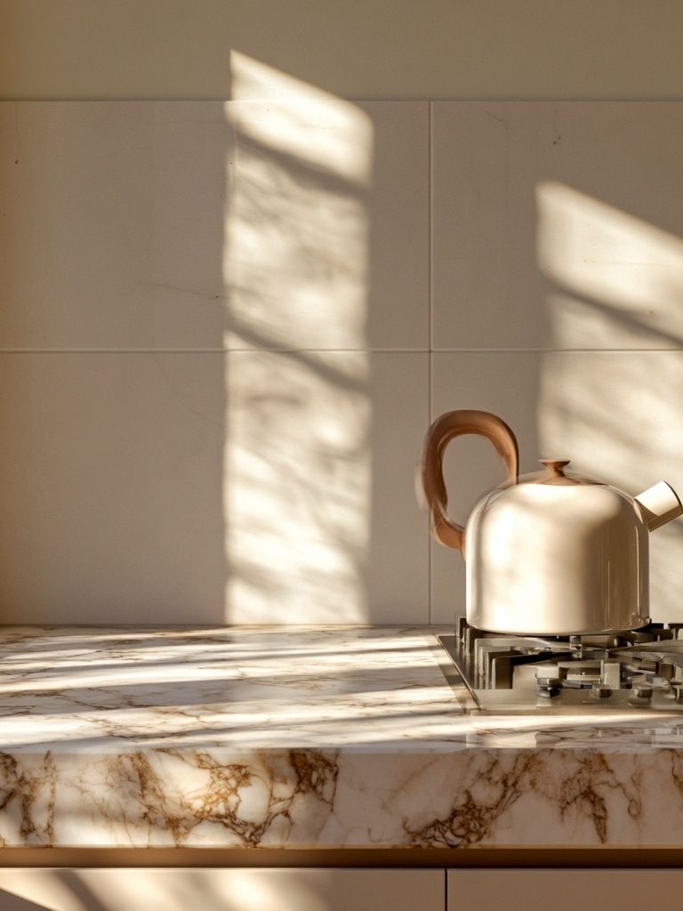 Sunlit Marble Kitchen Still Life Print. poster detail