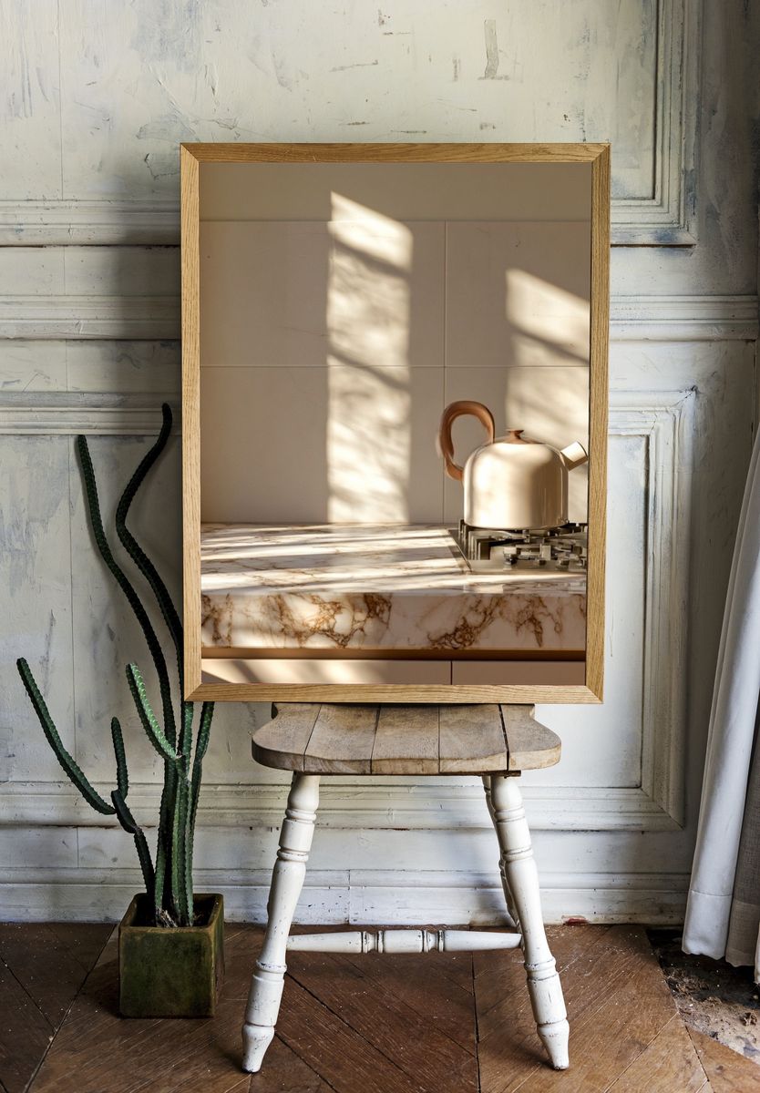 Sunlit Marble Kitchen Still Life Print. room preview
