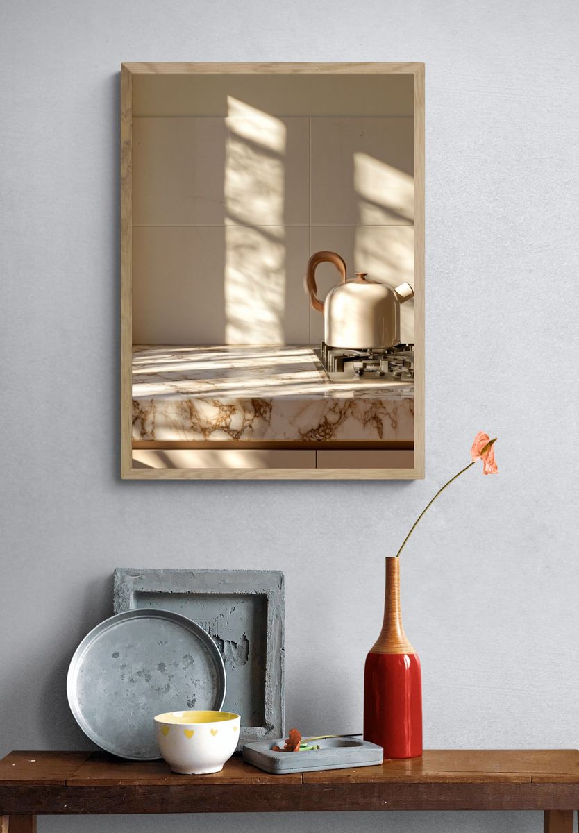 Sunlit Marble Kitchen Still Life Print. — room view 3