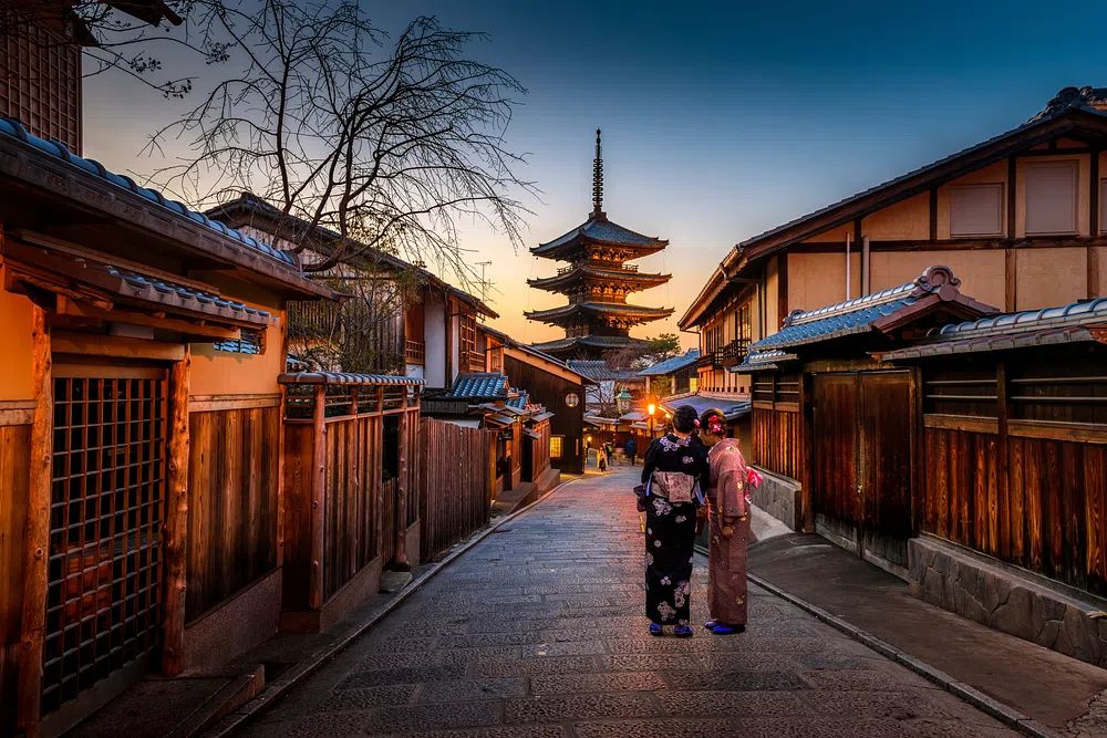 Women exploring japanese village yukata. poster — maps-travel art
