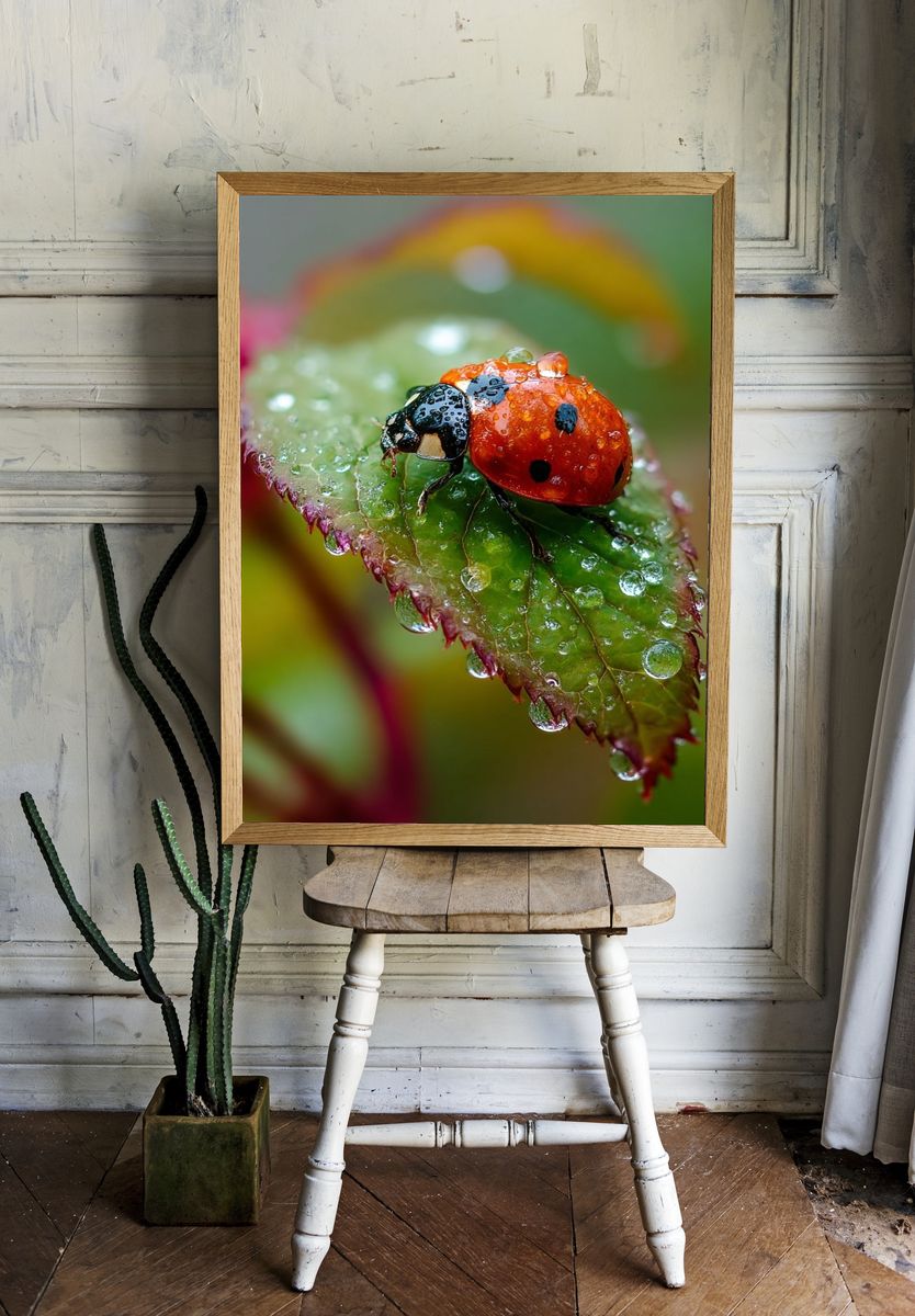 Ladybug on Dewy Leaf Photography Poster. — room view 1