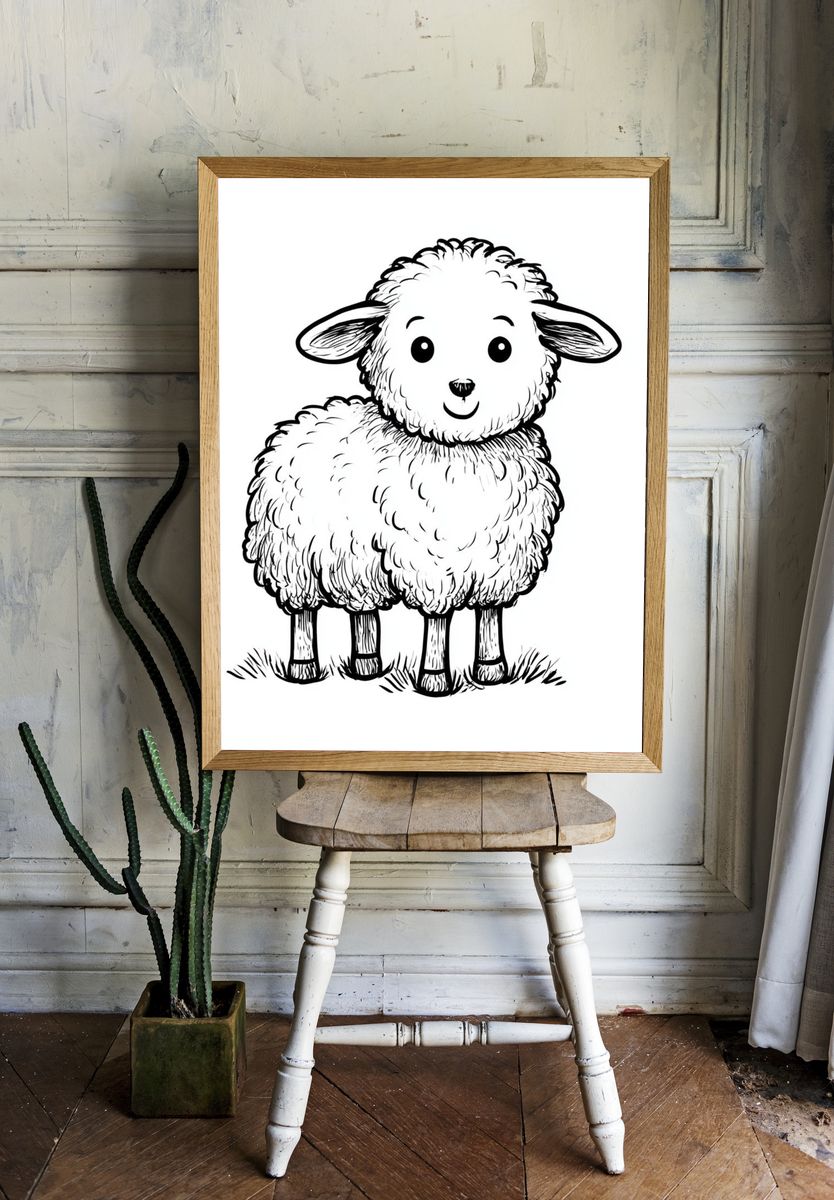 Cute Lamb Line Art Poster. — room view 1