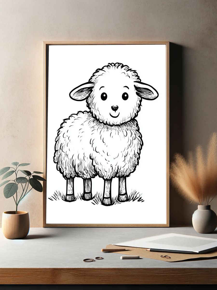 Cute Lamb Line Art Poster. — room view 2