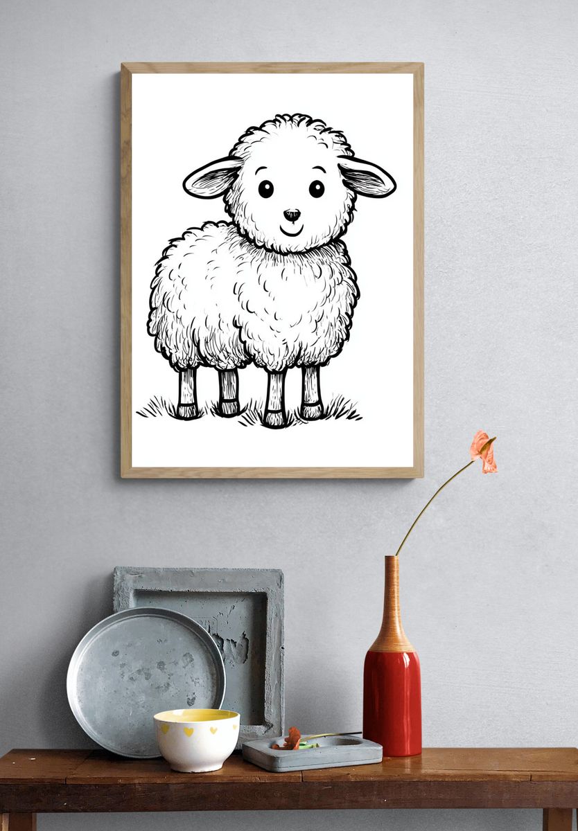 Cute Lamb Line Art Poster. — room view 3