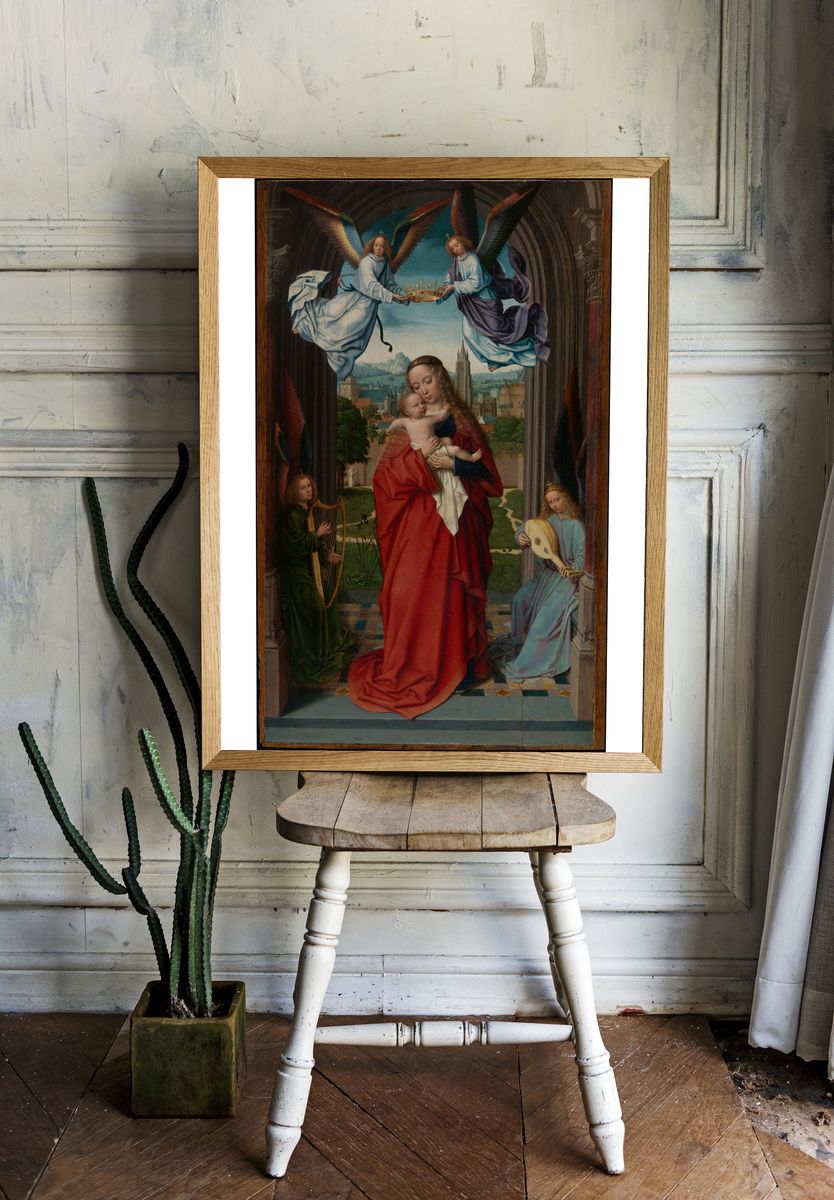 Virgin and Child with Four Angels by Gerard David — Art Print. room preview