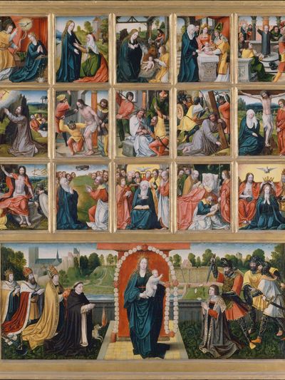 The Fifteen Mysteries and the Virgin of the Rosary by Netherlandish (Brussels) Painter — Art Print. poster