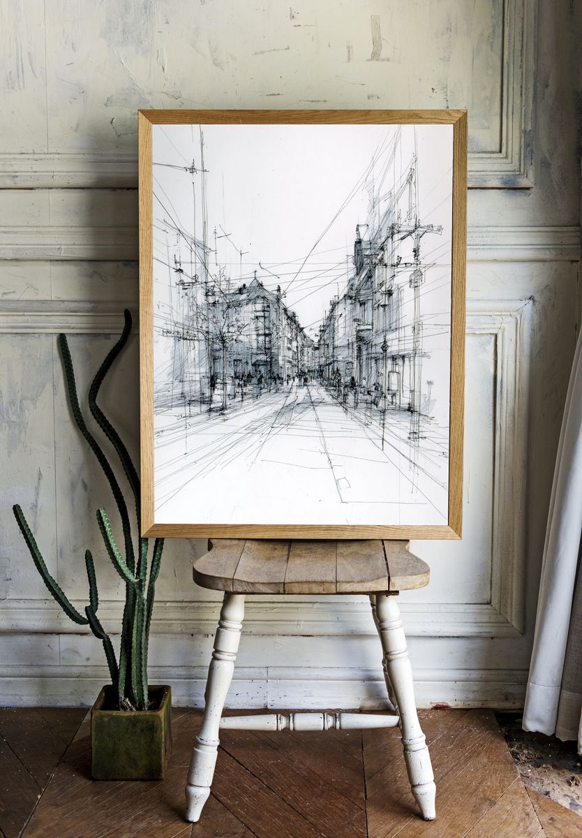 Urban Street Scene — Line-Art Print. room preview