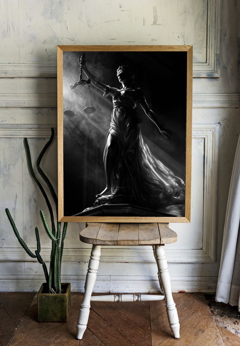 Lady Justice Black White Print. room preview