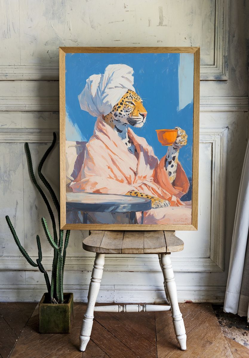 Leopard in Bathrobe — Illustration Print. room preview